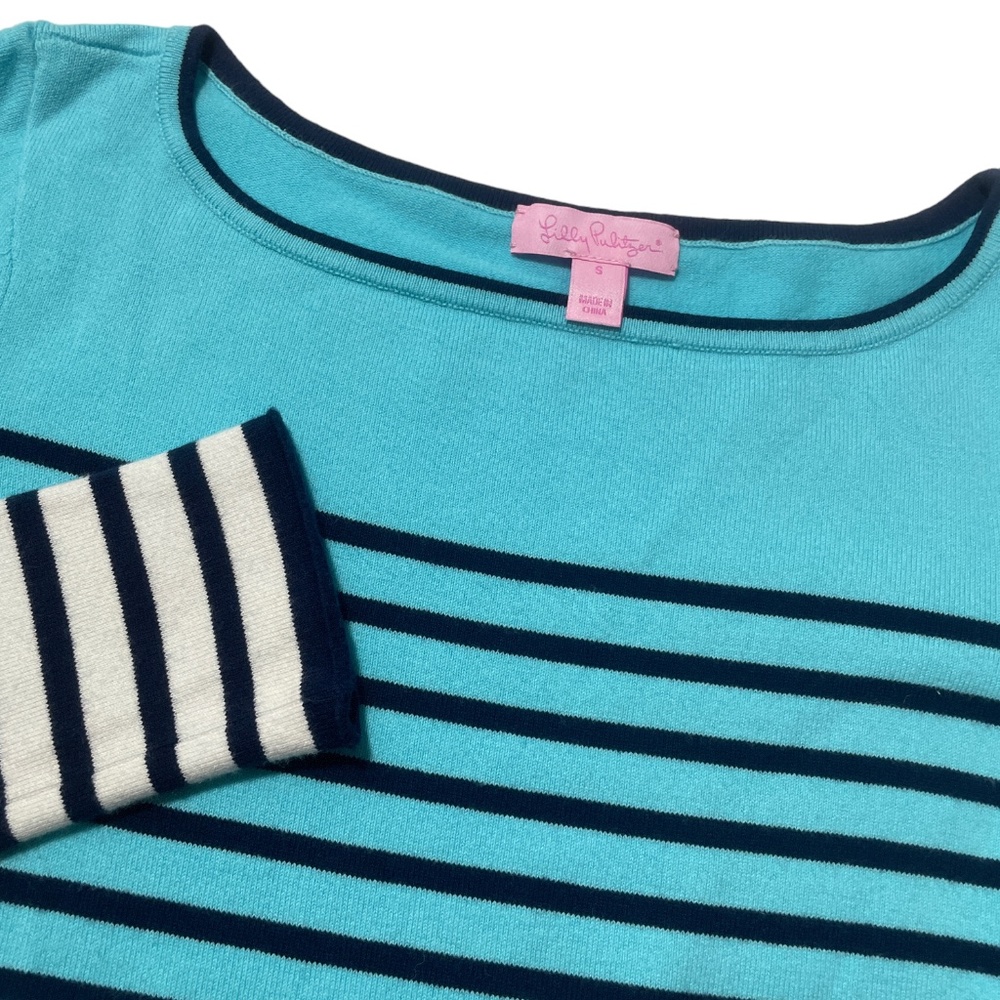 Lilly Pulitzer Small Navy and Aqua White Striped Long Sleeve Shirt‎